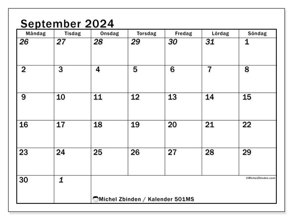 Kalender september 2024, 501MS. Gratis karta som kan skrivas ut.