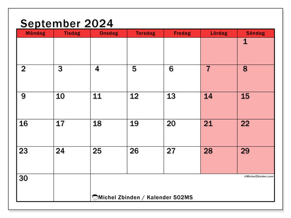 Kalender september 2024, 502MS. Gratis karta som kan skrivas ut.