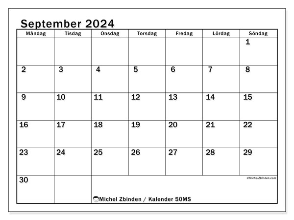 Kalender september 2024, 50SL. Gratis karta som kan skrivas ut.