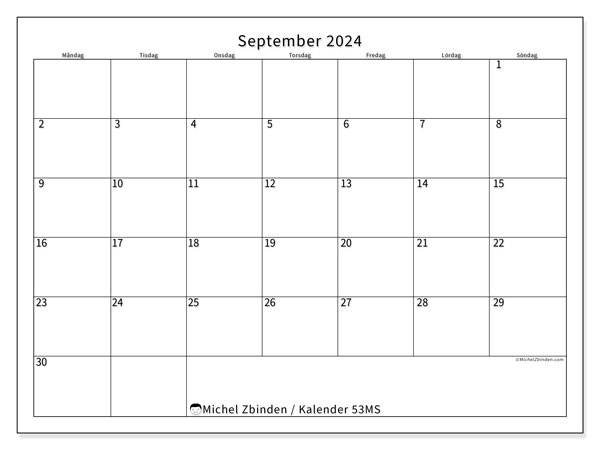 Kalender september 2024, 53MS. Gratis karta som kan skrivas ut.