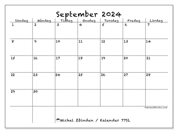 Kalender september 2024, 77SL. Gratis karta som kan skrivas ut.