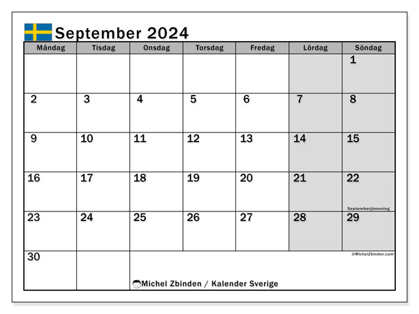 Kalendarz wrzesień 2024, Szwecja (SV). Darmowy program do druku.