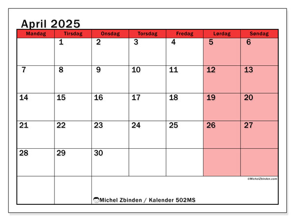 Kalender april 2025, 502SL. Gratis program til print.