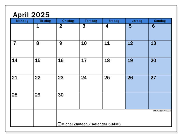 Kalender april 2025, 504SL. Gratis program til print.
