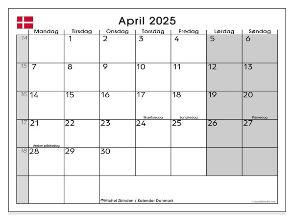 Kalender April 2025, Dänemark (DA). Programm zum Ausdrucken kostenlos.