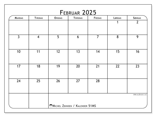 Kalender februar 2025, 51MS. Gratis kalender til print.