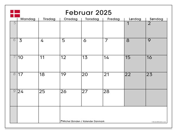 Kalenteri helmikuu 2025, Tanska (DA). Ilmainen tulostettava lehti.