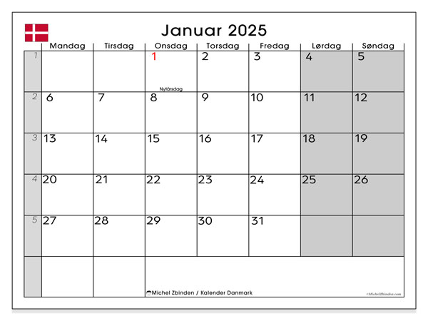 Kalender januar 2025 “Danmark”. Gratis plan til print.. Mandag til søndag