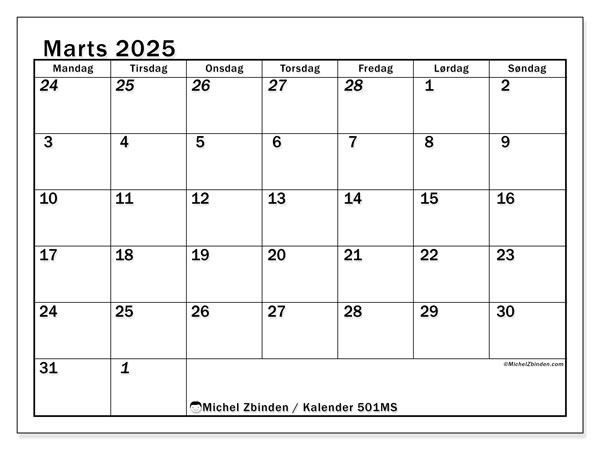 Kalender marts 2025, 501SL. Gratis plan til print.
