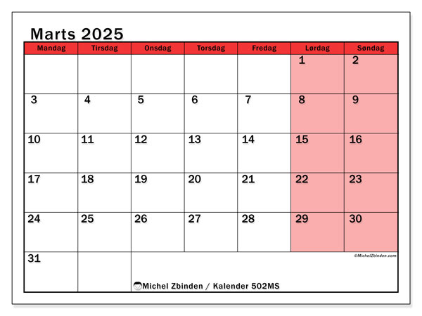 Kalender marts 2025, 502SL. Gratis plan til print.