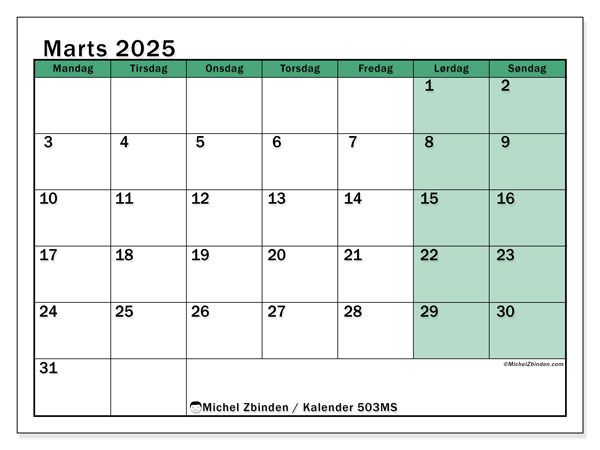 Kalender marts 2025, 503SL. Gratis plan til print.