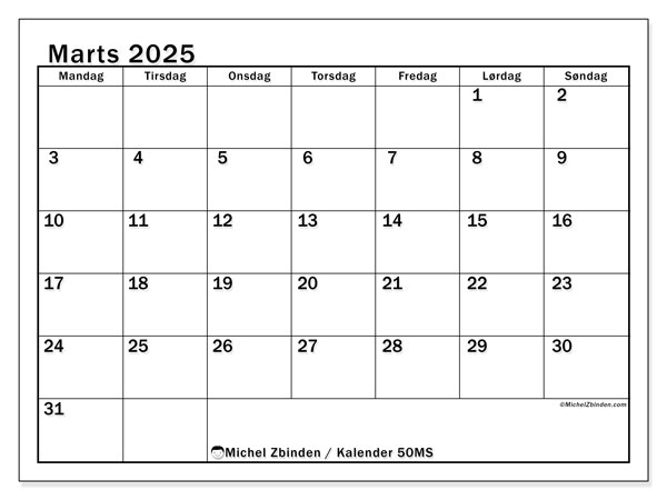 Kalender marts 2025, 50MS. Gratis plan til print.