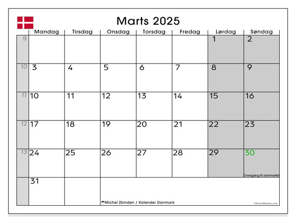 Kalendarz marzec 2025, Dania (DA). Darmowy kalendarz do druku.