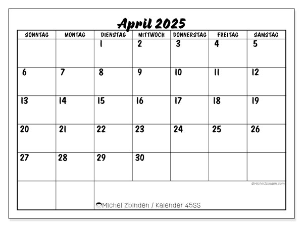 Kalender April 2025 “45”. Kalender zum Ausdrucken kostenlos.. Sonntag bis Samstag