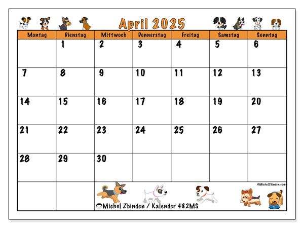 Kalender April 2025 “482”. Plan zum Ausdrucken kostenlos.. Montag bis Sonntag