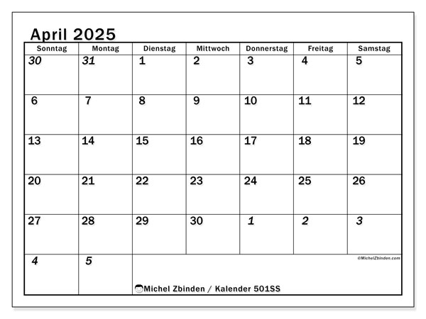 Kalender April 2025 “501”. Programm zum Ausdrucken kostenlos.. Sonntag bis Samstag