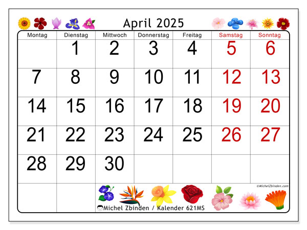 Kalender April 2025 “621”. Kalender zum Ausdrucken kostenlos.. Montag bis Sonntag