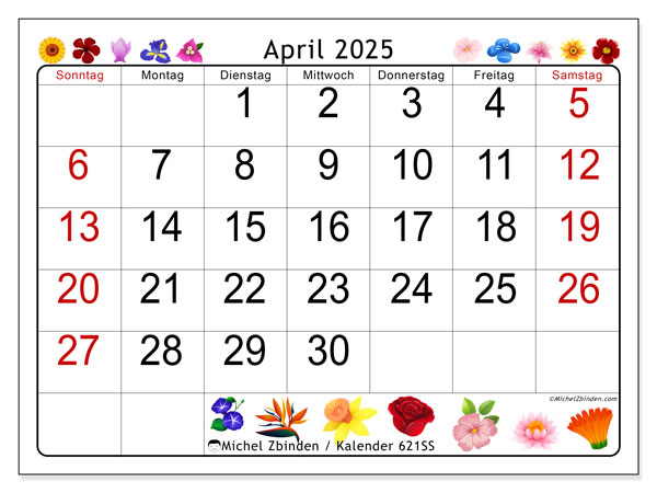 Kalender April 2025 “621”. Kalender zum Ausdrucken kostenlos.. Sonntag bis Samstag