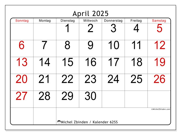 Kalender April 2025 “62”. Kalender zum Ausdrucken kostenlos.. Sonntag bis Samstag