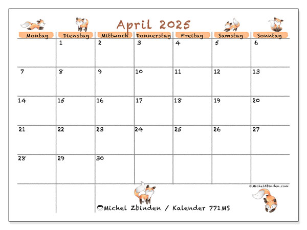 Kalender April 2025, 771MS. Programm zum Ausdrucken kostenlos.