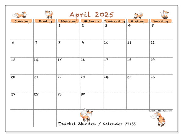 Kalender April 2025 “771”. Kalender zum Ausdrucken kostenlos.. Sonntag bis Samstag