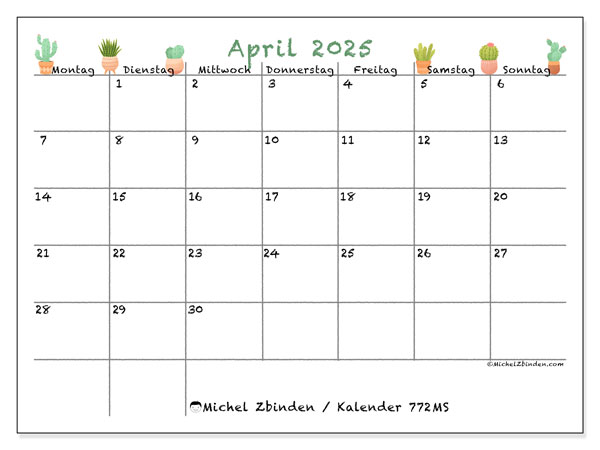 Kalender April 2025 “772”. Kalender zum Ausdrucken kostenlos.. Montag bis Sonntag