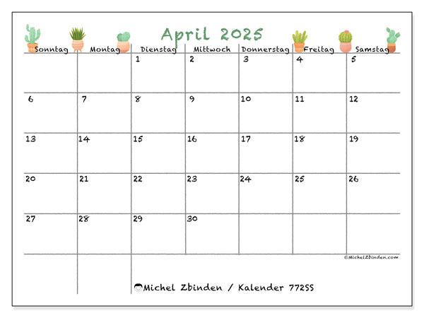 Kalender April 2025 “772”. Kalender zum Ausdrucken kostenlos.. Sonntag bis Samstag
