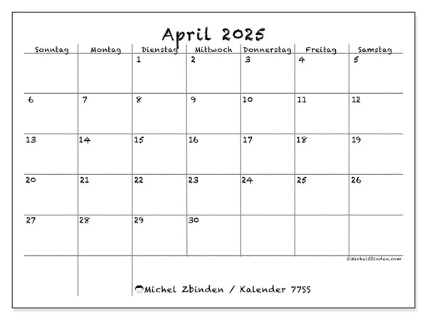 Kalender April 2025 “77”. Plan zum Ausdrucken kostenlos.. Sonntag bis Samstag