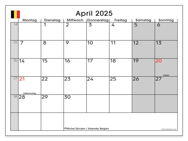 Kalender April 2025 “Belgien”. Programm zum Ausdrucken kostenlos.. Montag bis Sonntag