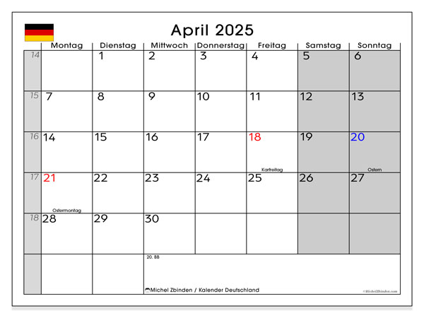 Kalenteri huhtikuu 2025, Saksa (DE). Ilmainen tulostettava ohjelma.