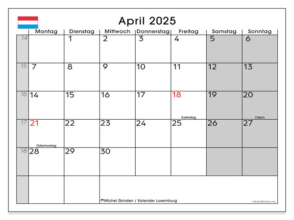 Kalender april 2025, Luxembourg (DE). Gratis plan for utskrift.