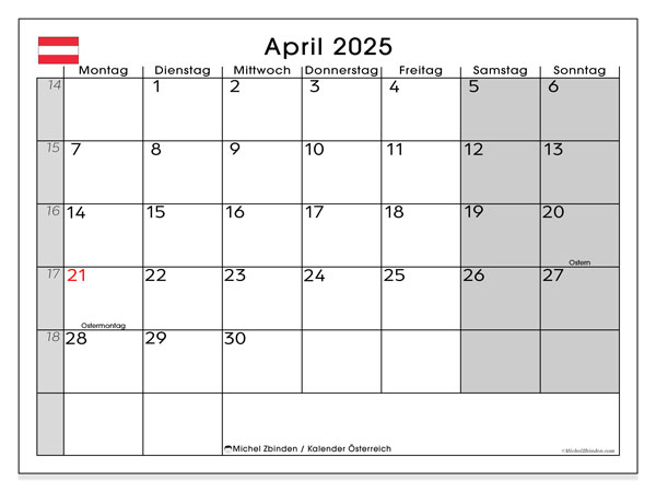 Kalender april 2025, Østrig (DE). Gratis kalender til print.