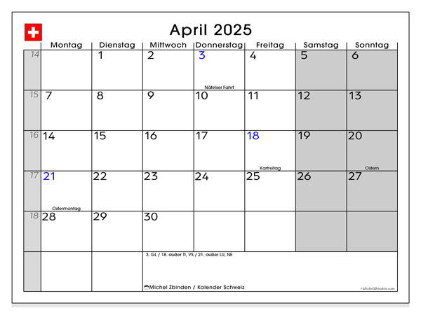 Kalender april 2025, Schweiz (DE). Schema för gratis utskrift.