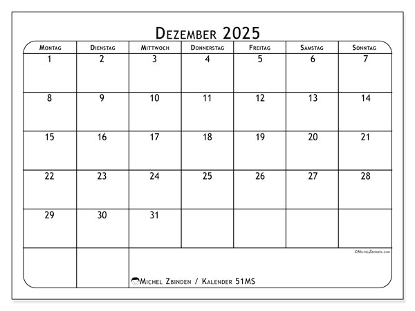 Kalender zum Ausdrucken, Dezember 2025, 51MS