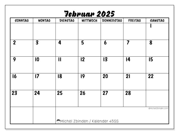 Kalender Februar 2025, 45SS. Programm zum Ausdrucken kostenlos.
