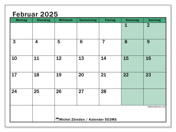 Kalender Februar 2025, 503MS. Programm zum Ausdrucken kostenlos.