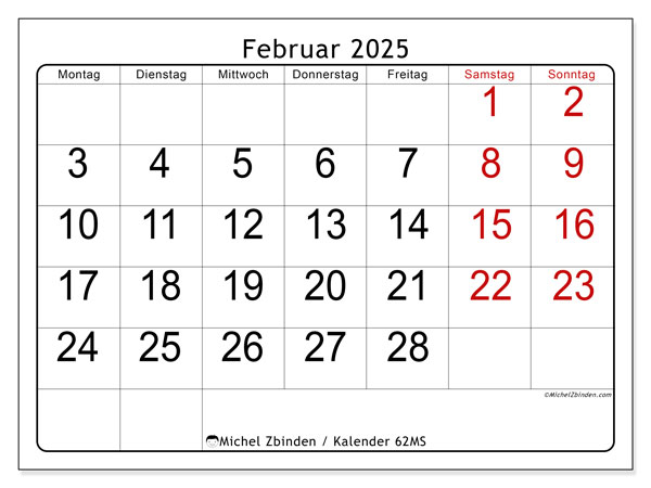 Kalender Februar 2025 “62”. Kalender zum Ausdrucken kostenlos.. Montag bis Sonntag