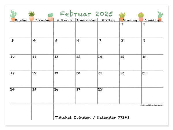 Kalender Februar 2025 “772”. Plan zum Ausdrucken kostenlos.. Montag bis Sonntag