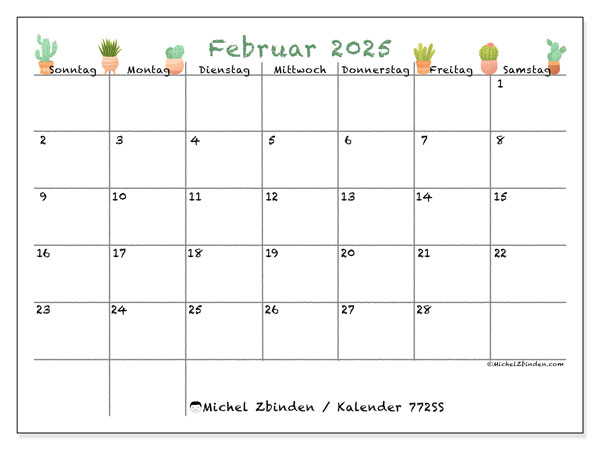 Kalender Februar 2025 “772”. Plan zum Ausdrucken kostenlos.. Sonntag bis Samstag