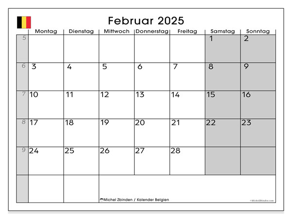 Kalender Februar 2025 “Belgien”. Kalender zum Ausdrucken kostenlos.. Montag bis Sonntag
