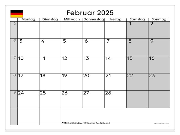 Kalendarz luty 2025, Niemcy (DE). Darmowy kalendarz do druku.