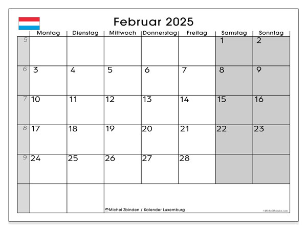 Kalendarz luty 2025, Luksemburg (DE). Darmowy kalendarz do druku.