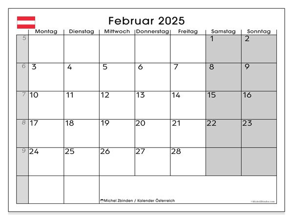 Kalendarz luty 2025, Austria (DE). Darmowy kalendarz do druku.