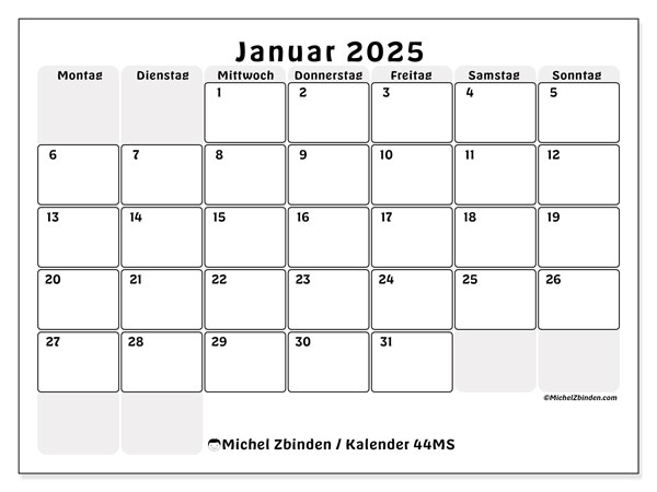 Kalender Januar 2025 “44”. Plan zum Ausdrucken kostenlos.. Montag bis Sonntag