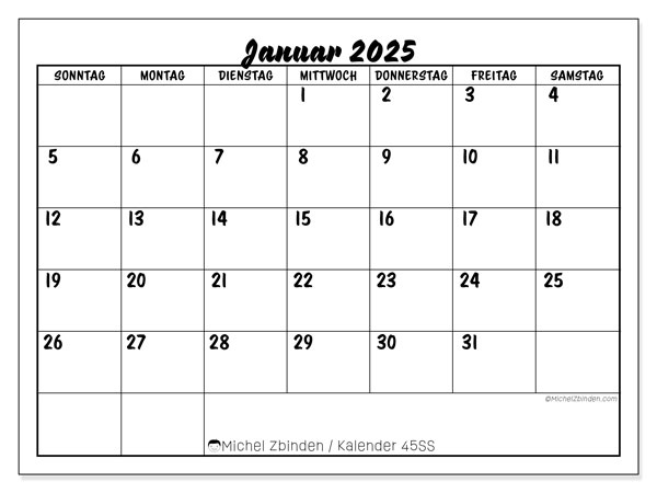 Kalender Januar 2025 “45”. Programm zum Ausdrucken kostenlos.. Sonntag bis Samstag