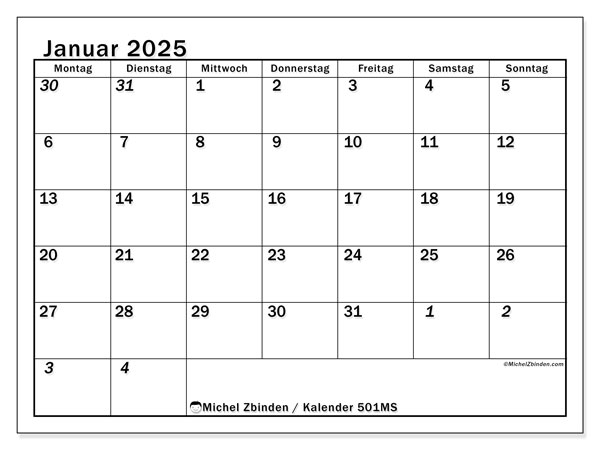 Kalender Januar 2025 “501”. Kalender zum Ausdrucken kostenlos.. Montag bis Sonntag