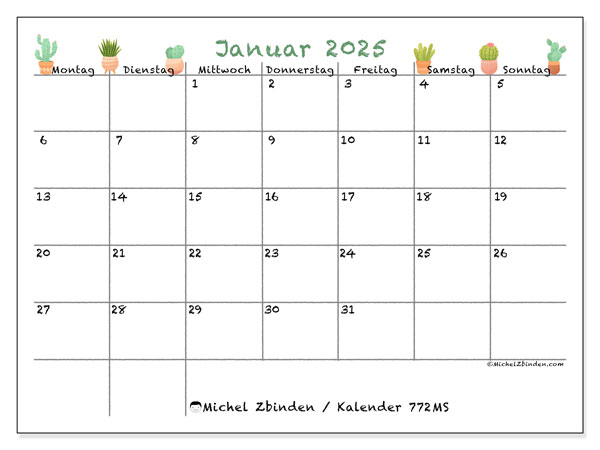 Kalender Januar 2025 “772”. Plan zum Ausdrucken kostenlos.. Montag bis Sonntag