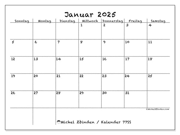 Kalender Januar 2025 “77”. Plan zum Ausdrucken kostenlos.. Sonntag bis Samstag
