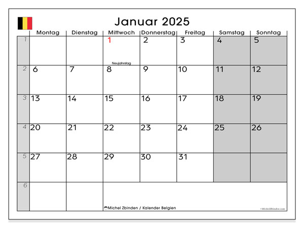 Kalender Januar 2025, Belgien. Plan zum Ausdrucken kostenlos.