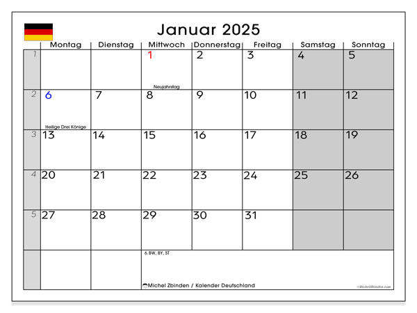 Calendario gennaio 2025, Germania (DE). Programma da stampare gratuito.